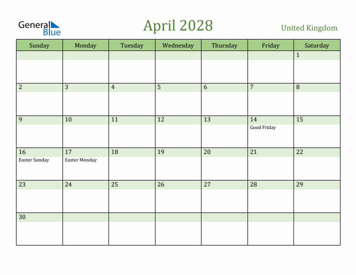 April 2028 Calendar with United Kingdom Holidays