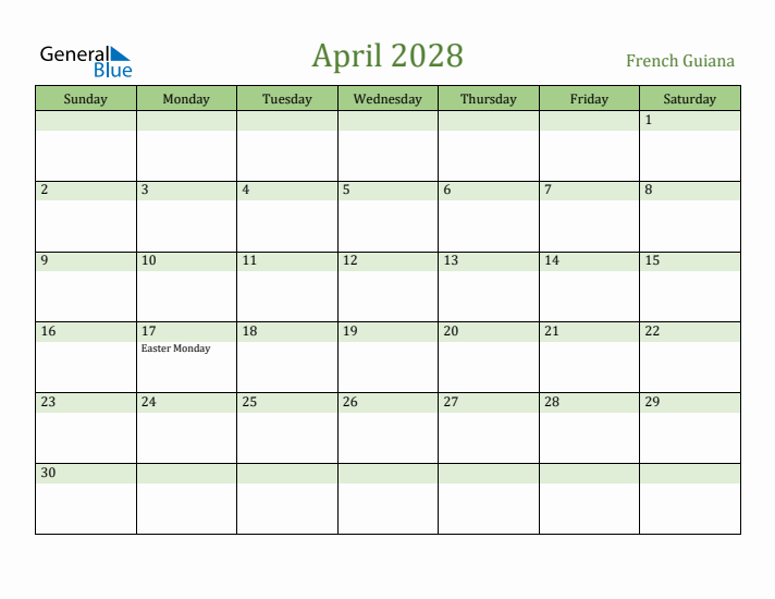 April 2028 Calendar with French Guiana Holidays