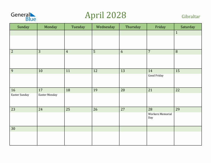 April 2028 Calendar with Gibraltar Holidays