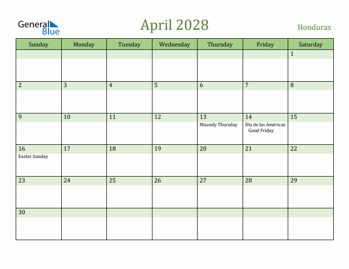 April 2028 Calendar with Honduras Holidays