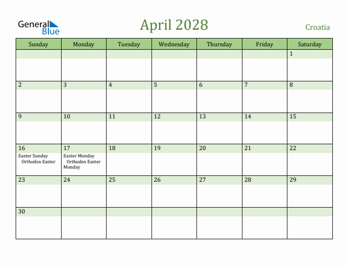 April 2028 Calendar with Croatia Holidays