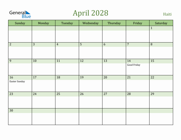 April 2028 Calendar with Haiti Holidays