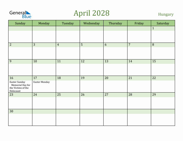 April 2028 Calendar with Hungary Holidays
