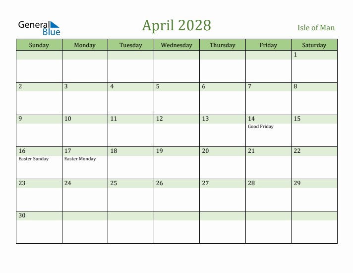 April 2028 Calendar with Isle of Man Holidays