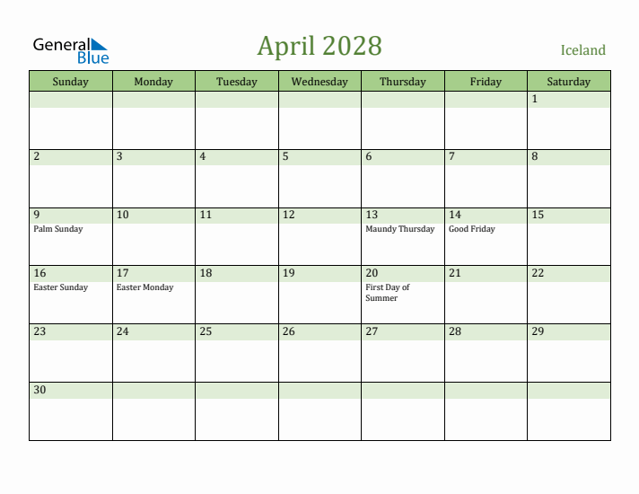 April 2028 Calendar with Iceland Holidays