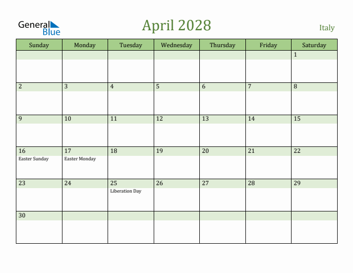 April 2028 Calendar with Italy Holidays