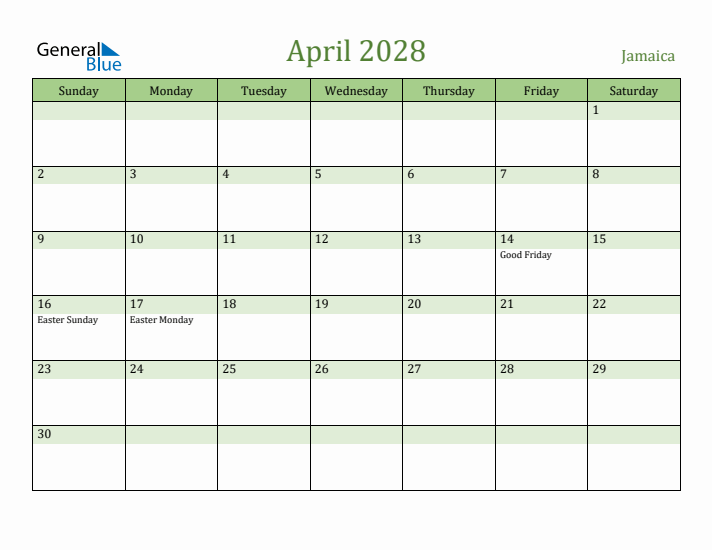 April 2028 Calendar with Jamaica Holidays