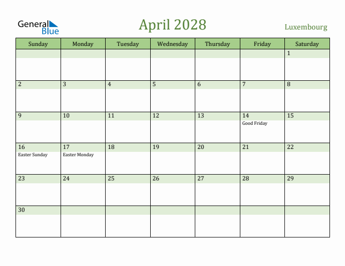 April 2028 Calendar with Luxembourg Holidays