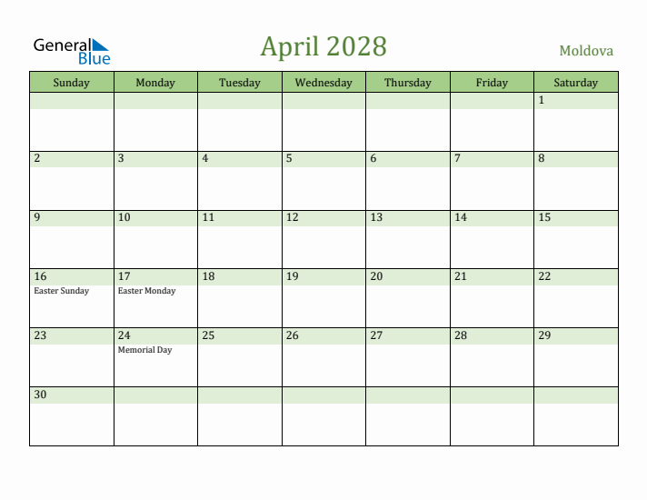 April 2028 Calendar with Moldova Holidays