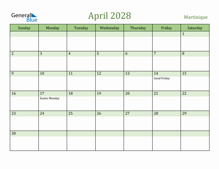 April 2028 Calendar with Martinique Holidays