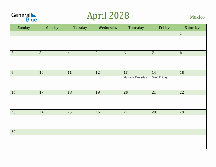 April 2028 Calendar with Mexico Holidays