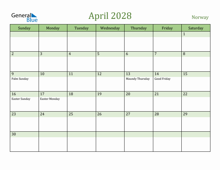 April 2028 Calendar with Norway Holidays