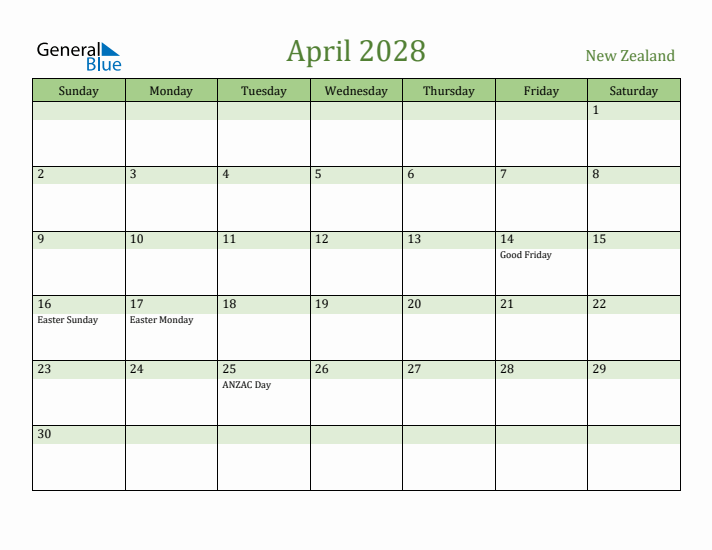 April 2028 Calendar with New Zealand Holidays