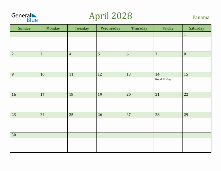 April 2028 Calendar with Panama Holidays