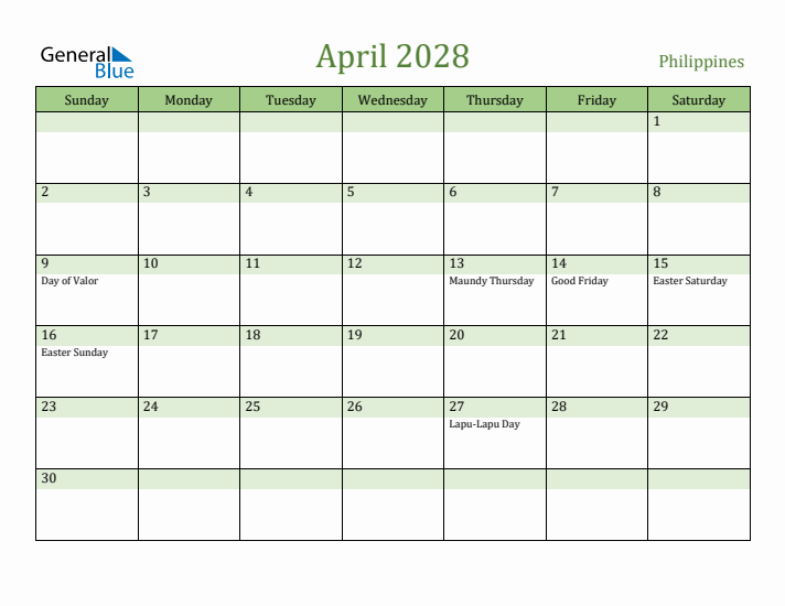 April 2028 Calendar with Philippines Holidays