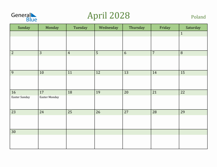 April 2028 Calendar with Poland Holidays