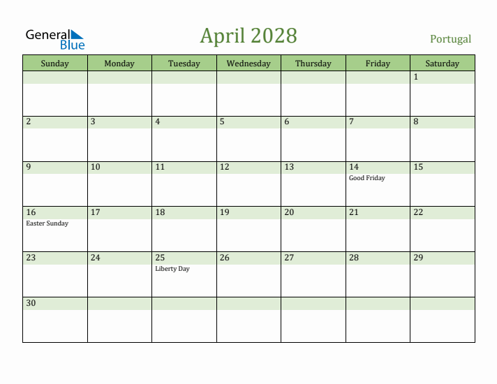 April 2028 Calendar with Portugal Holidays