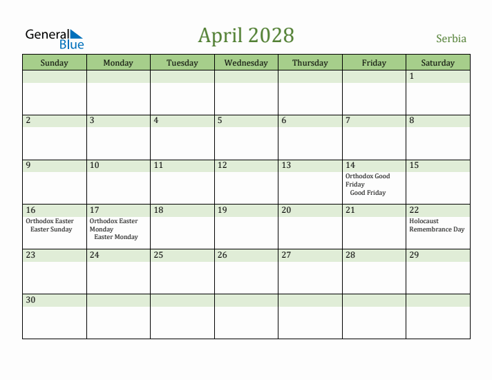 April 2028 Calendar with Serbia Holidays