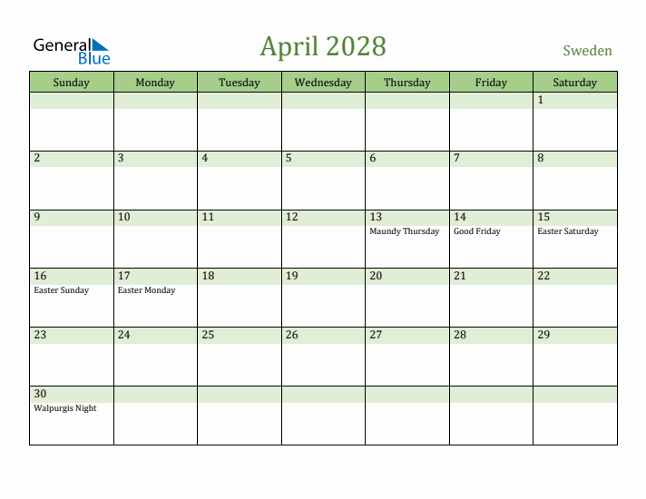 April 2028 Calendar with Sweden Holidays