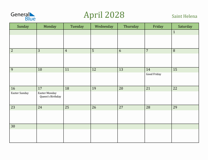 April 2028 Calendar with Saint Helena Holidays