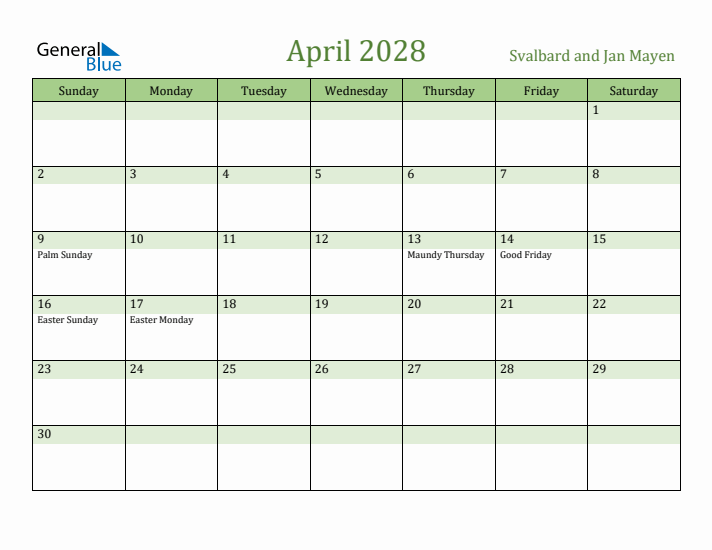 April 2028 Calendar with Svalbard and Jan Mayen Holidays