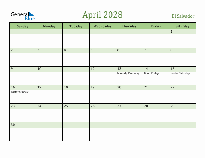 April 2028 Calendar with El Salvador Holidays