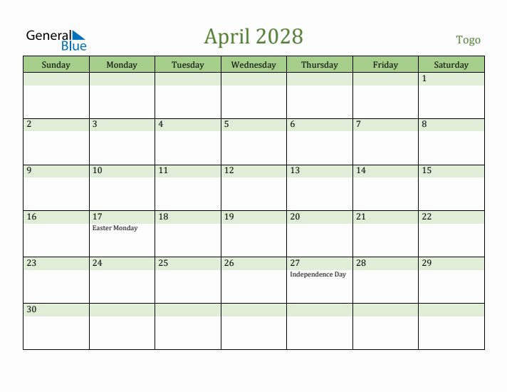 April 2028 Calendar with Togo Holidays