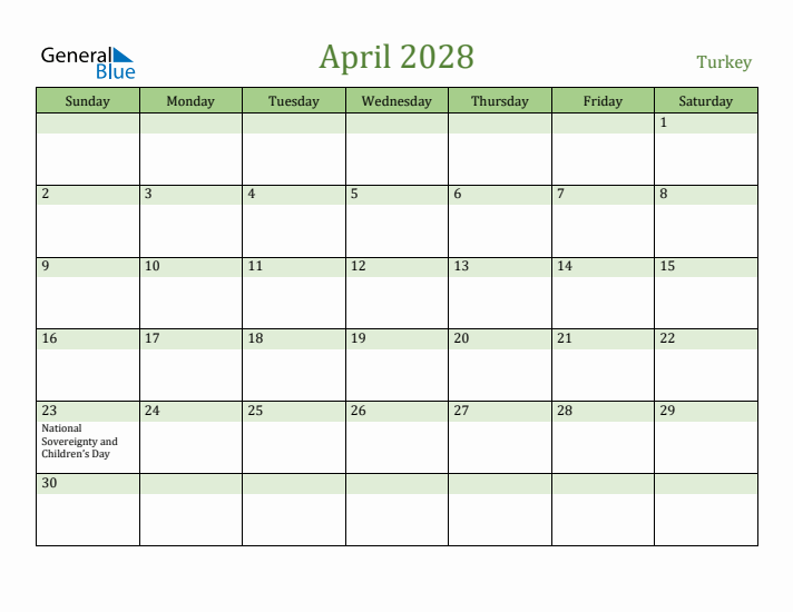April 2028 Calendar with Turkey Holidays