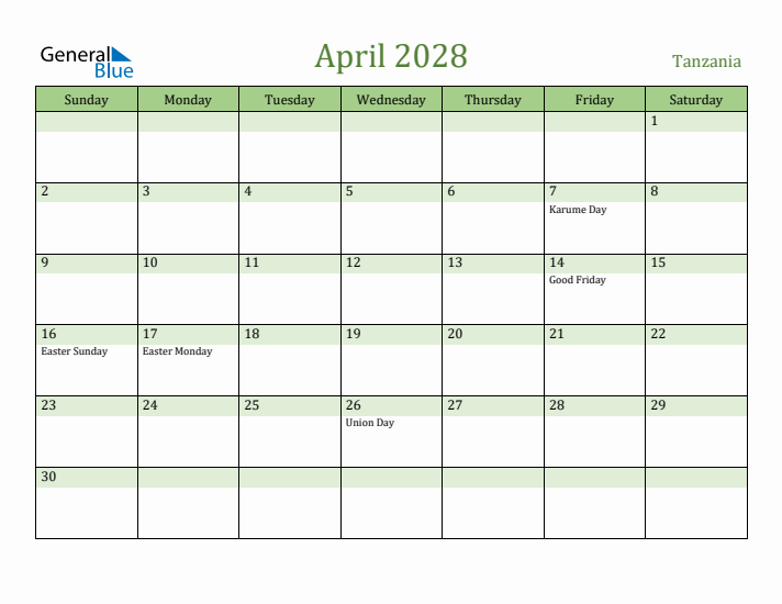 April 2028 Calendar with Tanzania Holidays