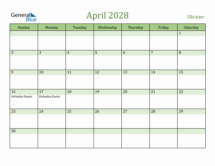April 2028 Calendar with Ukraine Holidays
