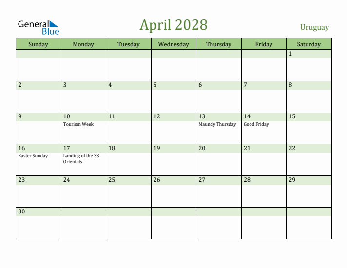 April 2028 Calendar with Uruguay Holidays