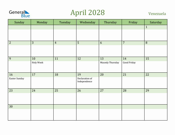 April 2028 Calendar with Venezuela Holidays