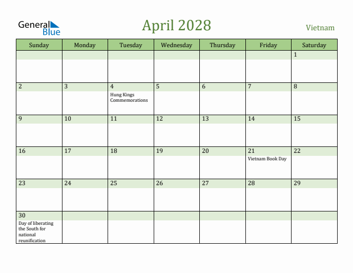 April 2028 Calendar with Vietnam Holidays