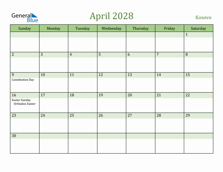 April 2028 Calendar with Kosovo Holidays