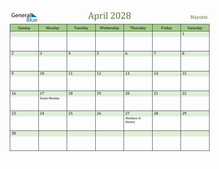 April 2028 Calendar with Mayotte Holidays