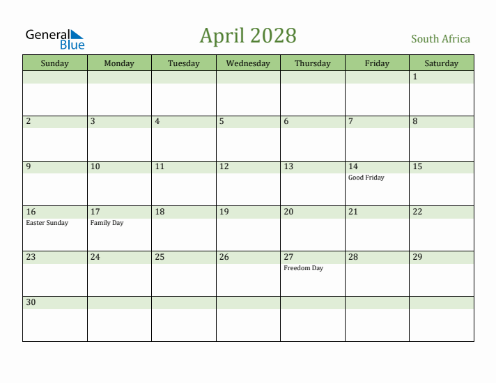April 2028 Calendar with South Africa Holidays