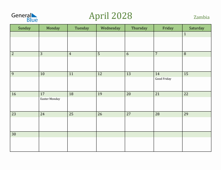 April 2028 Calendar with Zambia Holidays