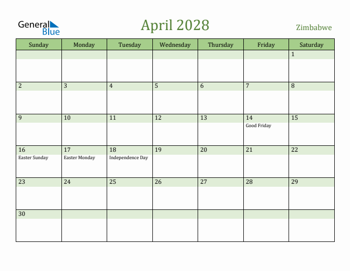April 2028 Calendar with Zimbabwe Holidays