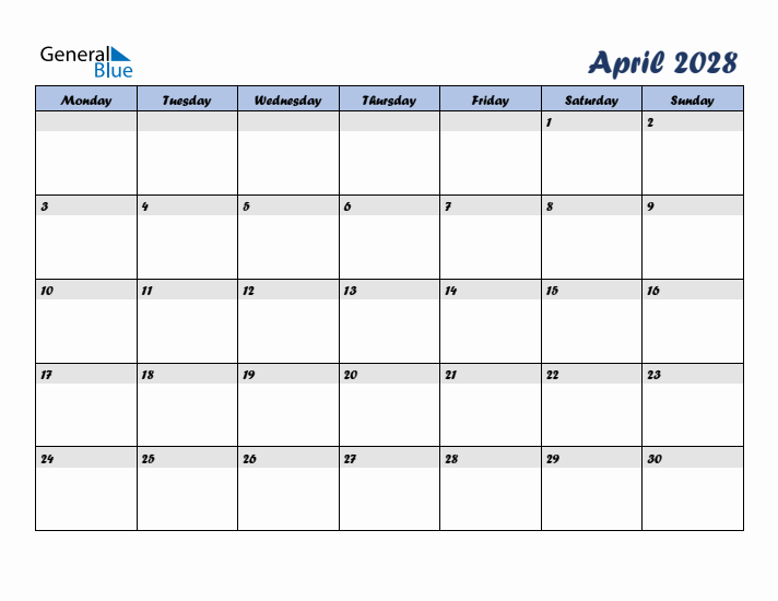 April 2028 Blue Calendar (Monday Start)