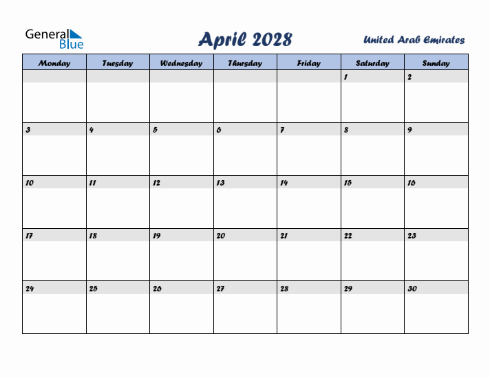 April 2028 Calendar with Holidays in United Arab Emirates