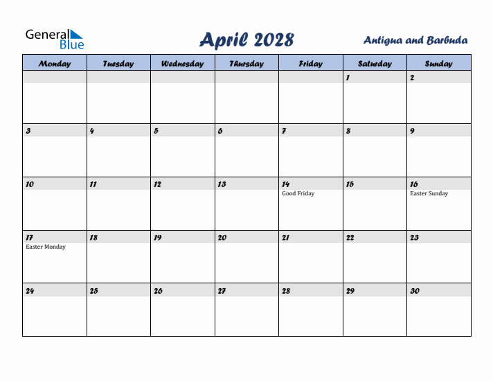 April 2028 Calendar with Holidays in Antigua and Barbuda