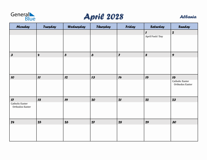 April 2028 Calendar with Holidays in Albania