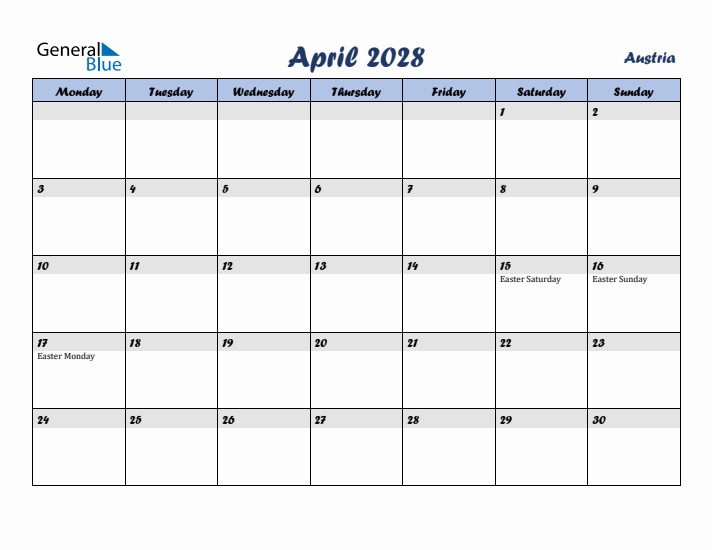 April 2028 Calendar with Holidays in Austria