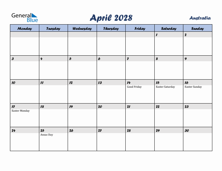 April 2028 Calendar with Holidays in Australia