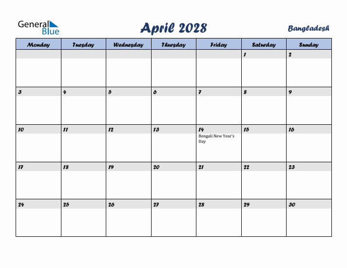April 2028 Calendar with Holidays in Bangladesh