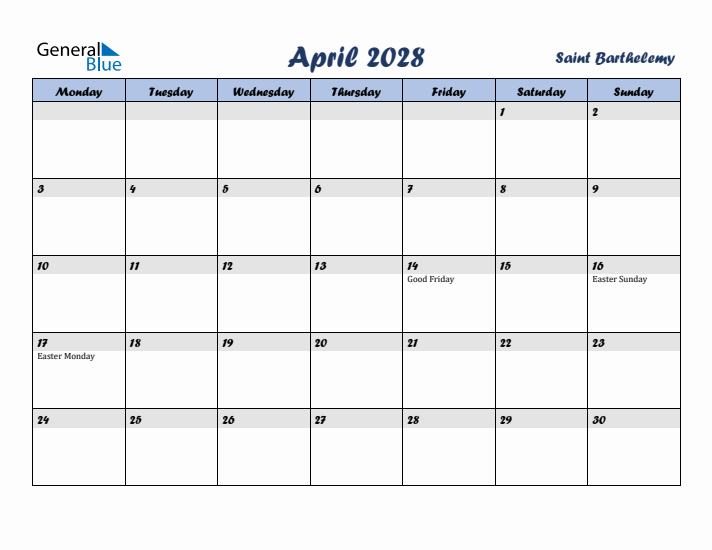 April 2028 Calendar with Holidays in Saint Barthelemy