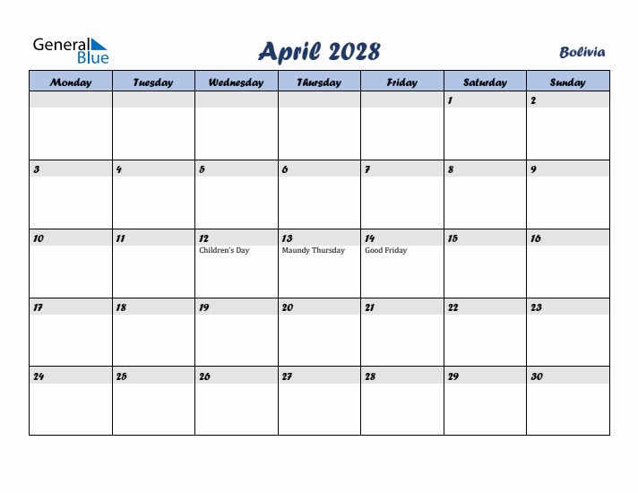 April 2028 Calendar with Holidays in Bolivia