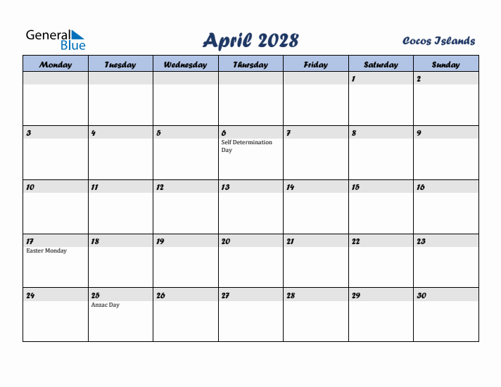 April 2028 Calendar with Holidays in Cocos Islands