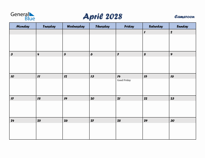 April 2028 Calendar with Holidays in Cameroon