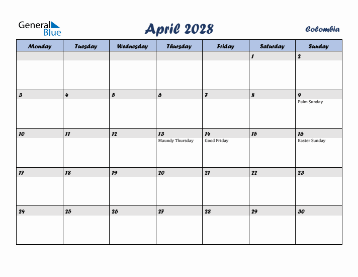 April 2028 Calendar with Holidays in Colombia